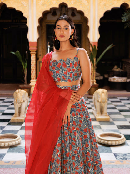 Titanium Grey Red Chanderi Lehenga Set