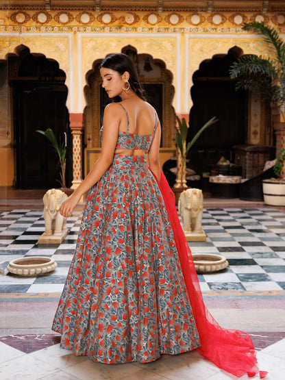 Titanium Grey Red Chanderi Lehenga Set
