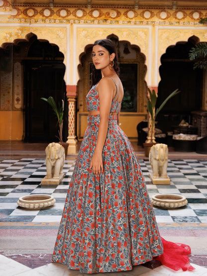 Titanium Grey Red Chanderi Lehenga Set