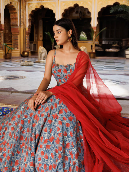 Titanium Grey Red Chanderi Lehenga Set