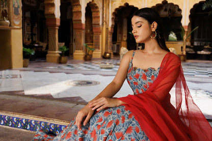 Titanium Grey Red Chanderi Lehenga Set