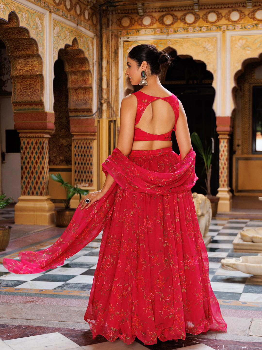 Barbados Cherry Pink Floral Printed Chiffon Lehenga Set