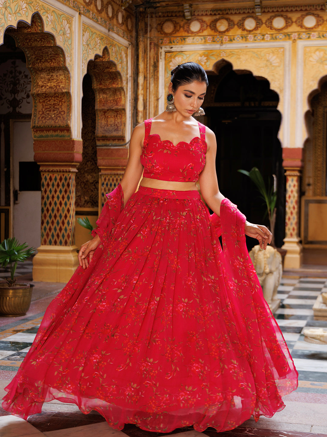 Barbados Cherry Pink Floral Printed Chiffon Lehenga Set