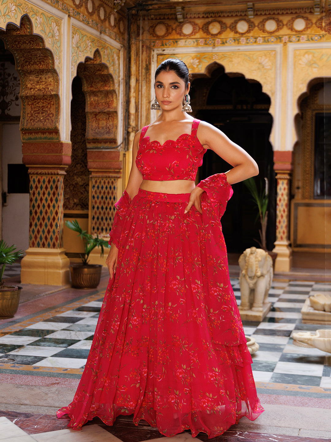 Barbados Cherry Pink Floral Printed Chiffon Lehenga Set