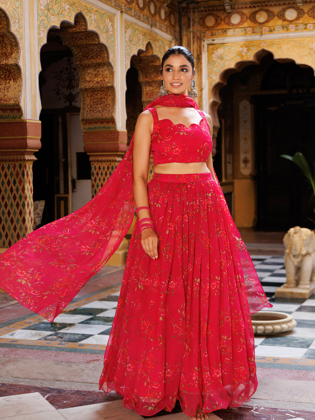 Barbados Cherry Pink Floral Printed Chiffon Lehenga Set