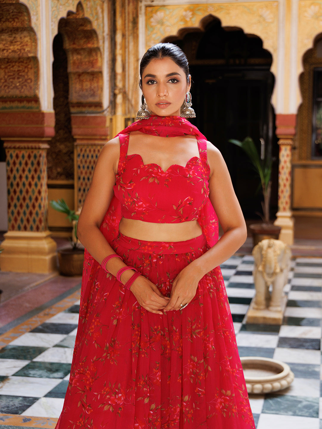 Barbados Cherry Pink Floral Printed Chiffon Lehenga Set