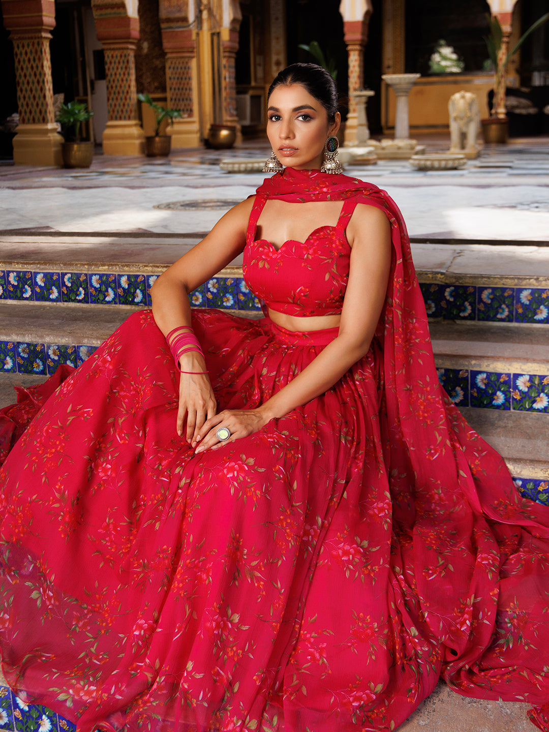 Barbados Cherry Pink Floral Printed Chiffon Lehenga Set