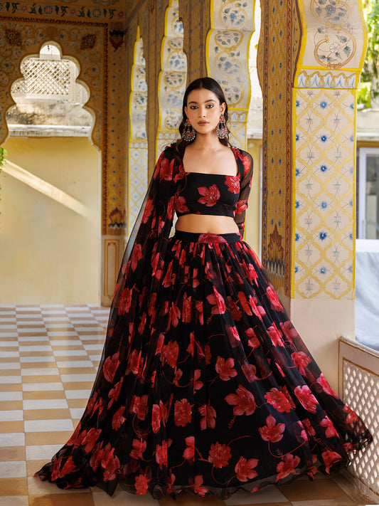 Scarlett Rose Black And Red Floral Printed Chiffon Lehenga Set