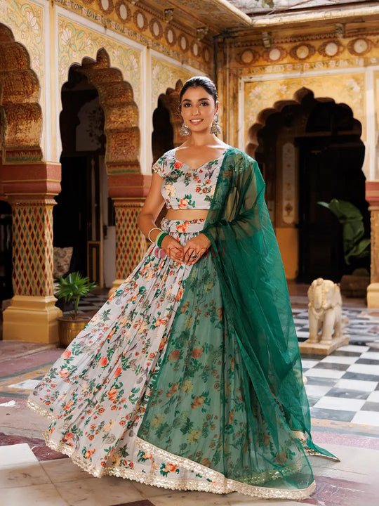 Grey and Green Printed Chinon Lehenga - Ragavi