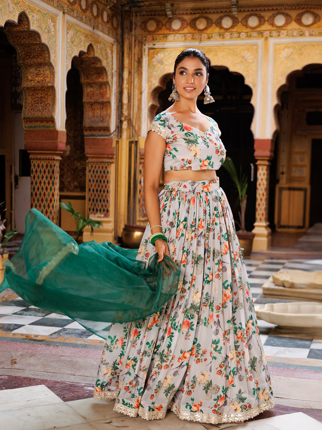 Grey and Green Printed Chinon Lehenga