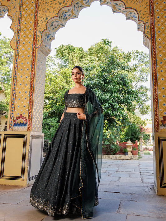 Colonial Green Gold Foil Printed Silk Lehenga Set
