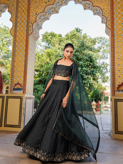 Colonial Green Gold Foil Printed Silk Lehenga Set