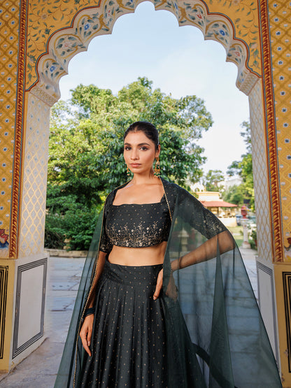Colonial Green Gold Foil Printed Silk Lehenga Set