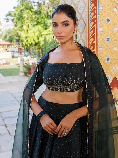 Colonial Green Gold Foil Printed Silk Lehenga Set