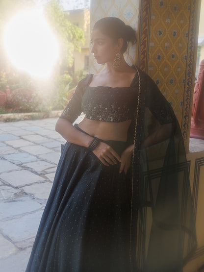 Colonial Green Gold Foil Printed Silk Lehenga Set