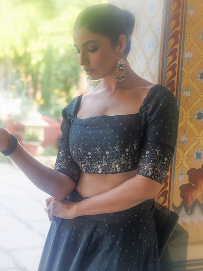 Colonial Green Gold Foil Printed Silk Lehenga Set