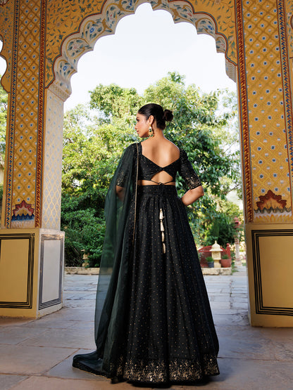 Colonial Green Gold Foil Printed Silk Lehenga Set