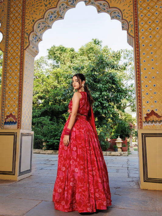Maroon Floral Printed Pure Chinon Lehenga