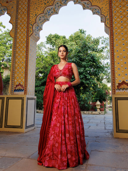 Maroon Floral Printed Pure Chinon Lehenga