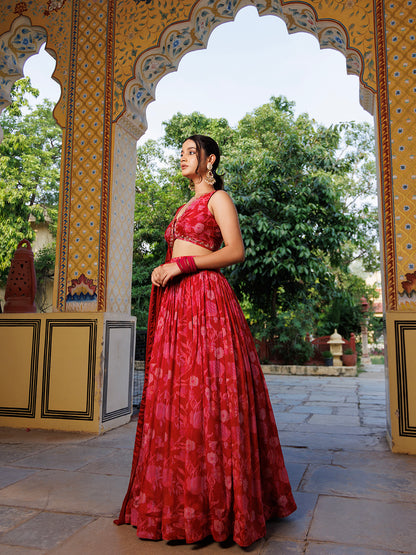 Maroon Floral Printed Pure Chinon Lehenga