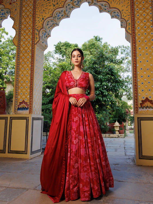 Maroon Floral Printed Pure Chinon Lehenga