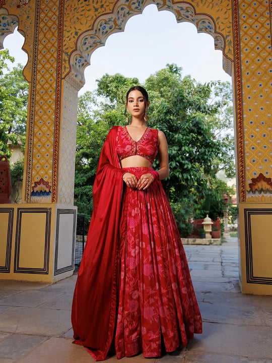 Maroon Floral Printed Pure Chinon Lehenga - Ragavi