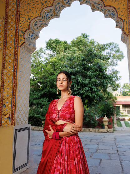 Maroon Floral Printed Pure Chinon Lehenga