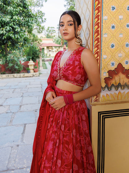 Maroon Floral Printed Pure Chinon Lehenga