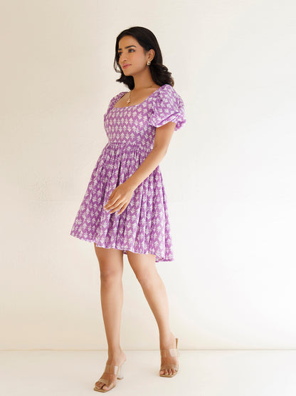 Bellflower Purple Cotton Printed Dress