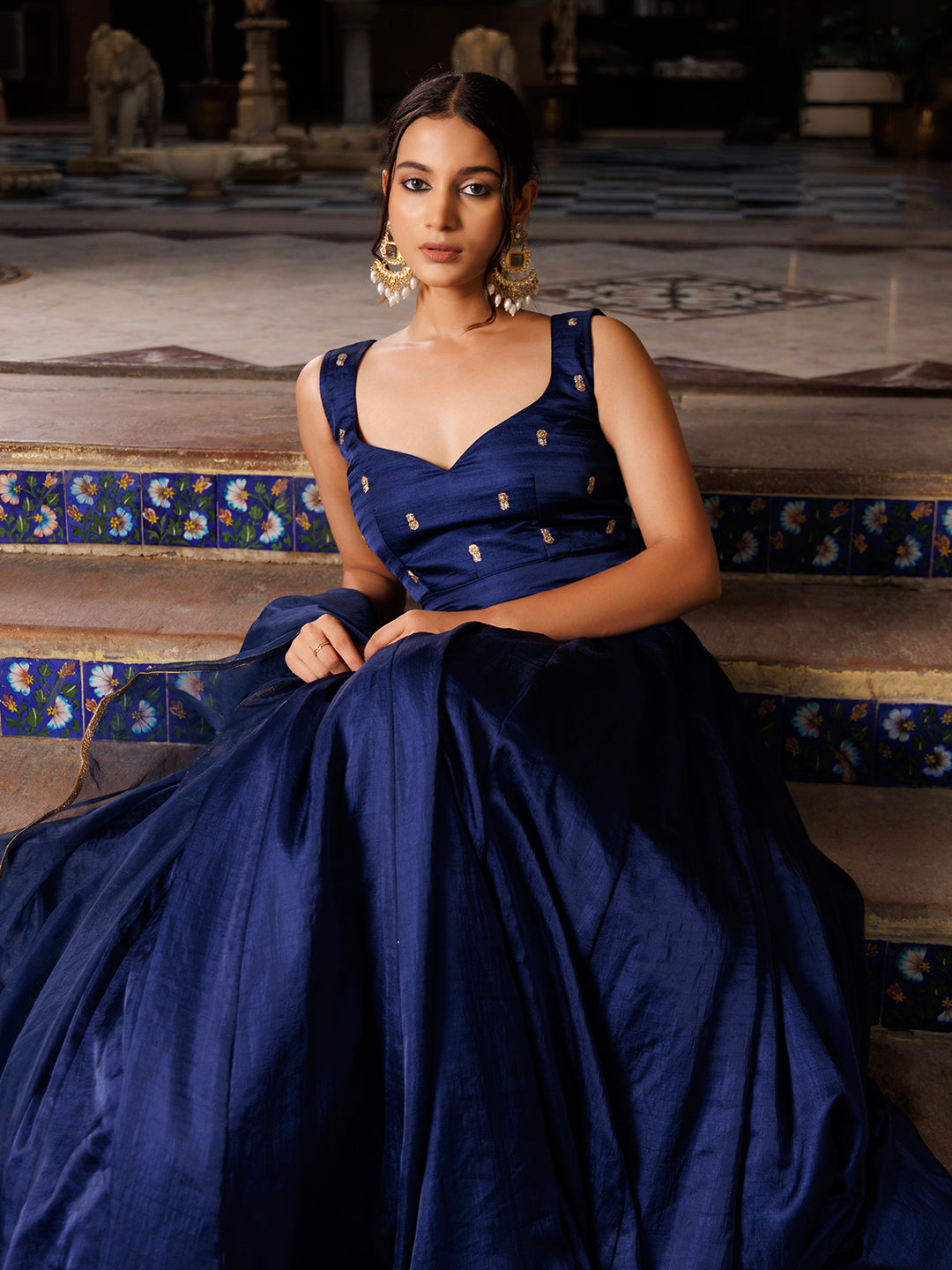 Deja Vu Blue Embroidered Silk Lehenga Set