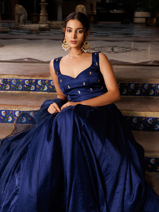 Deja Vu Blue Embroidered Silk Lehenga Set