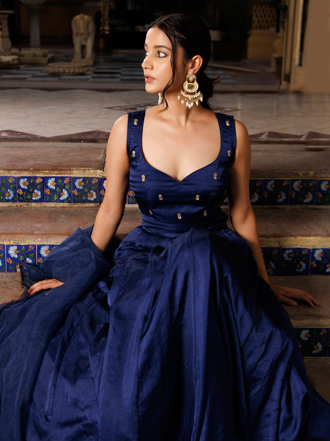 Deja Vu Blue Embroidered Silk Lehenga Set