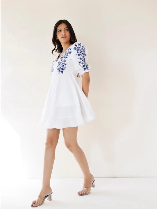 Indigo White Embroidered Cotton Dress Ragavi