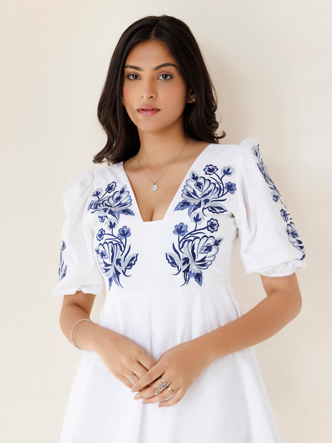 Indigo White Embroidered Cotton Dress