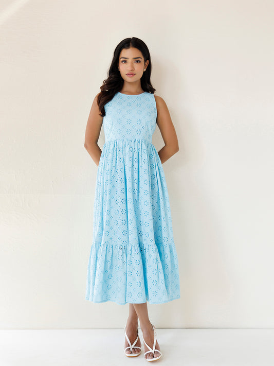 Felicia Blue Daisy Cotton Schiffli Dress