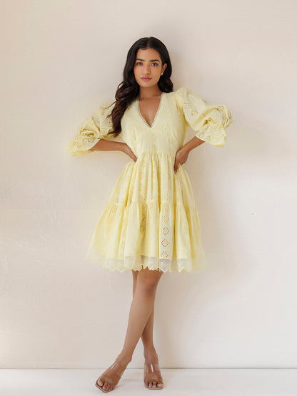 Yellow Iris Cotton Schiffli Dress