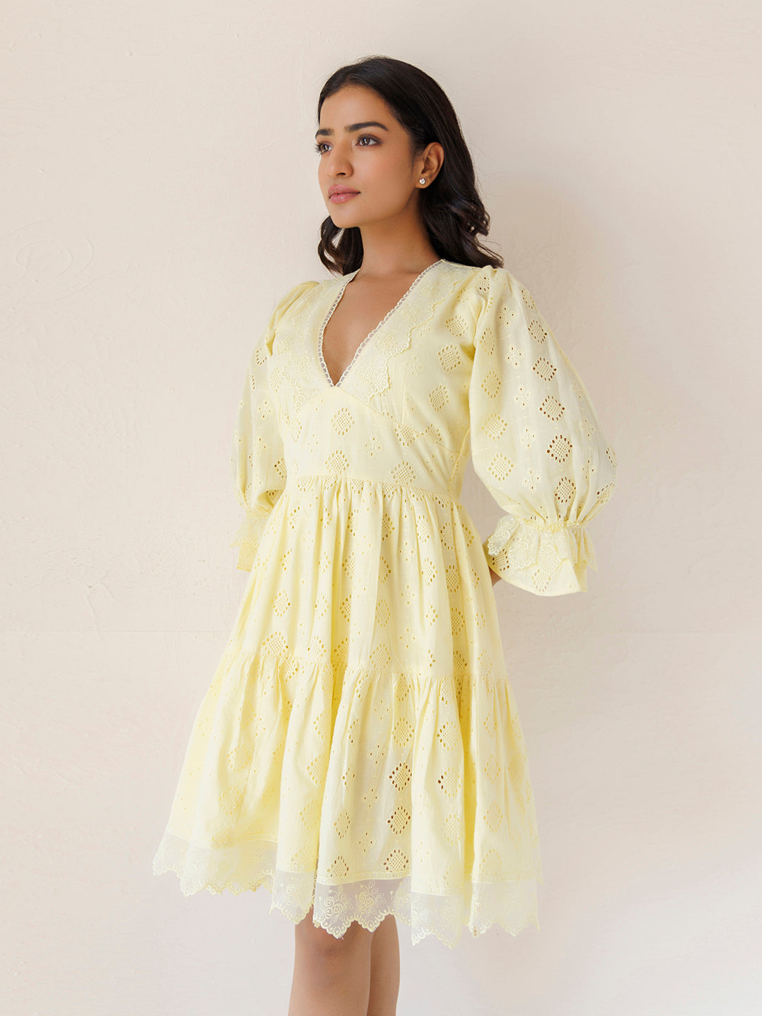 Yellow Iris Cotton Schiffli Dress