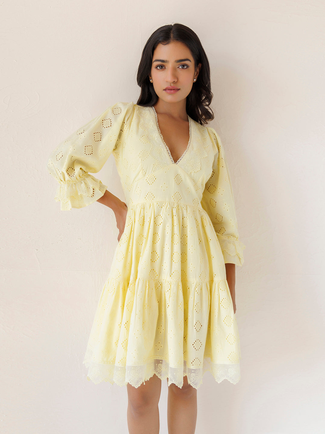 Yellow Iris Cotton Schiffli Dress