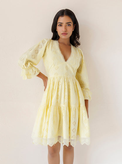 Yellow Iris Cotton Schiffli Dress