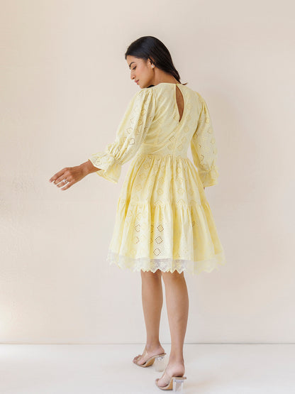Yellow Iris Cotton Schiffli Dress