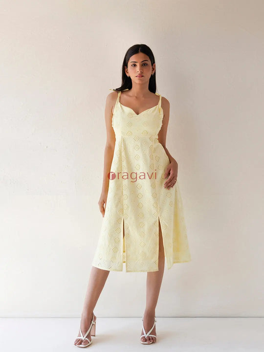 Forsythia Yellow Cotton Schiffli Dress - Ragavi