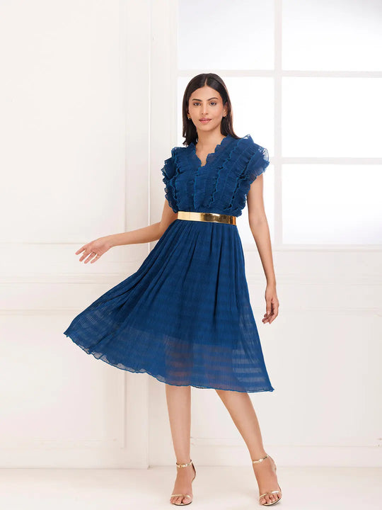 Petunia Blue Ruffle Pleated Dress Ragavi
