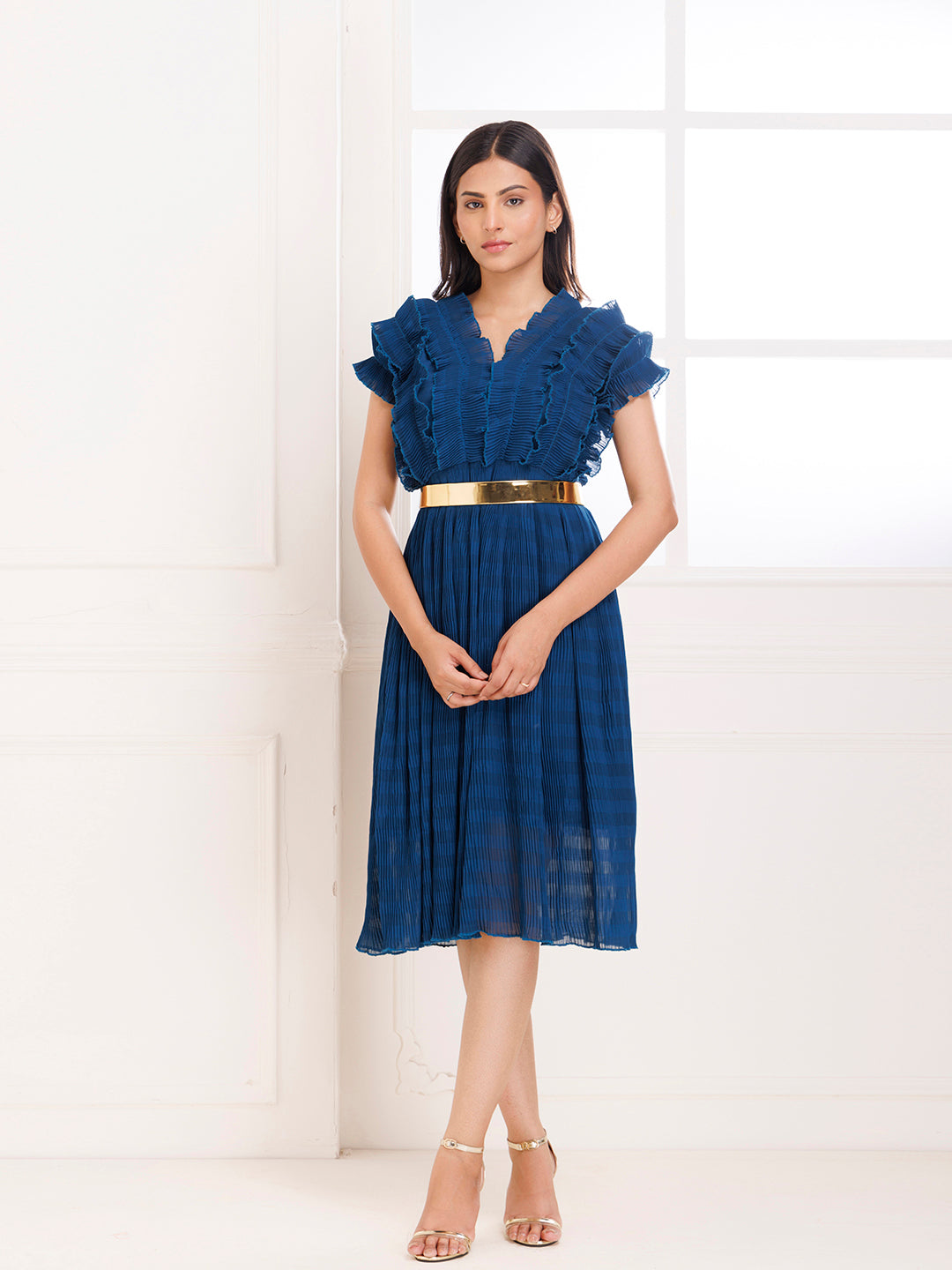Petunia Blue Ruffle Pleated Dress