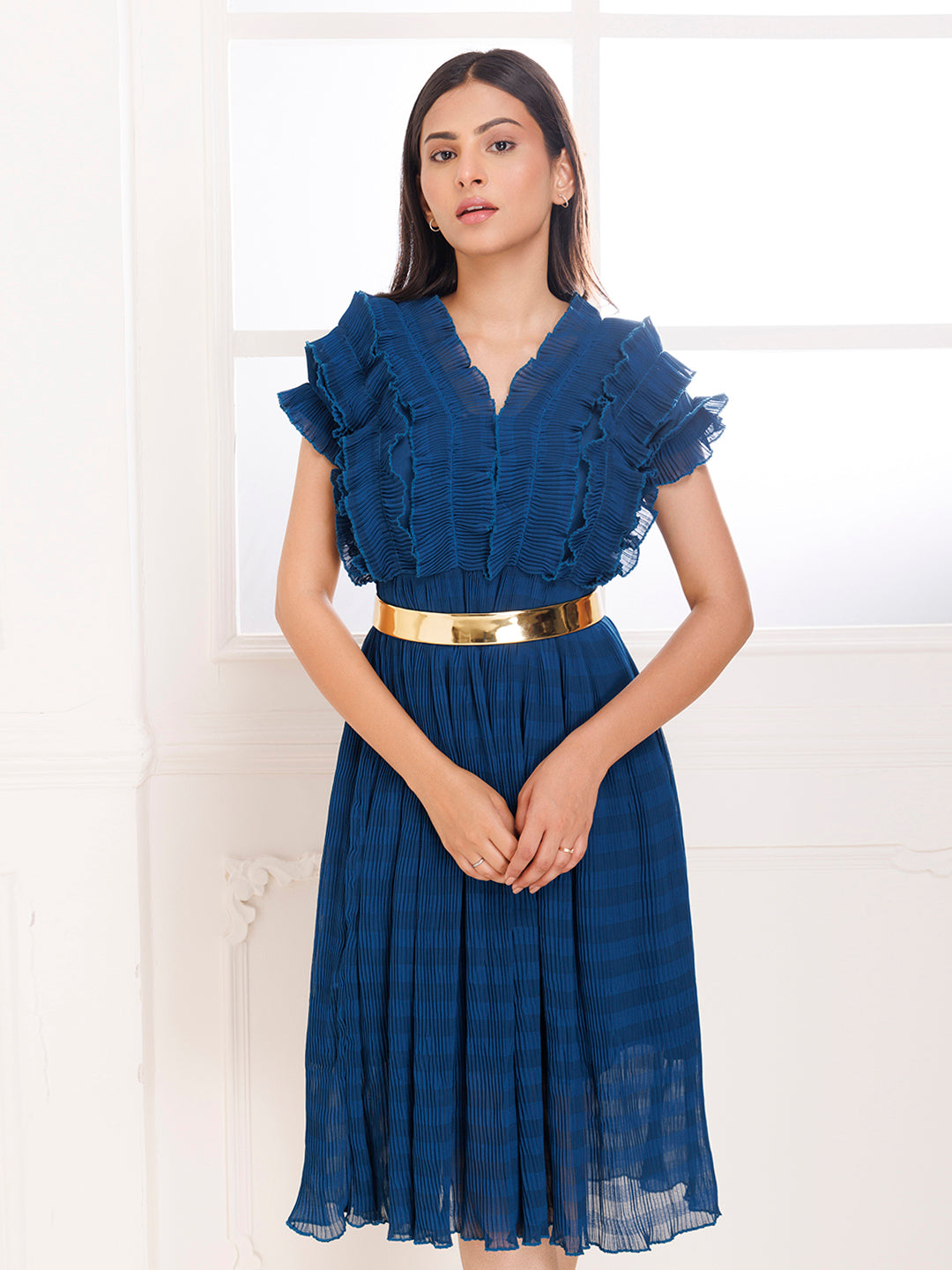 Petunia Blue Ruffle Pleated Dress