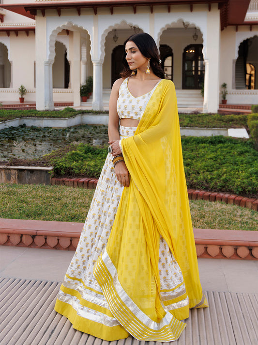 Sunstruck Yellow and White Cotton Lehenga Set