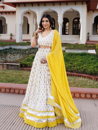 Sunstruck Yellow and White Cotton Lehenga Set