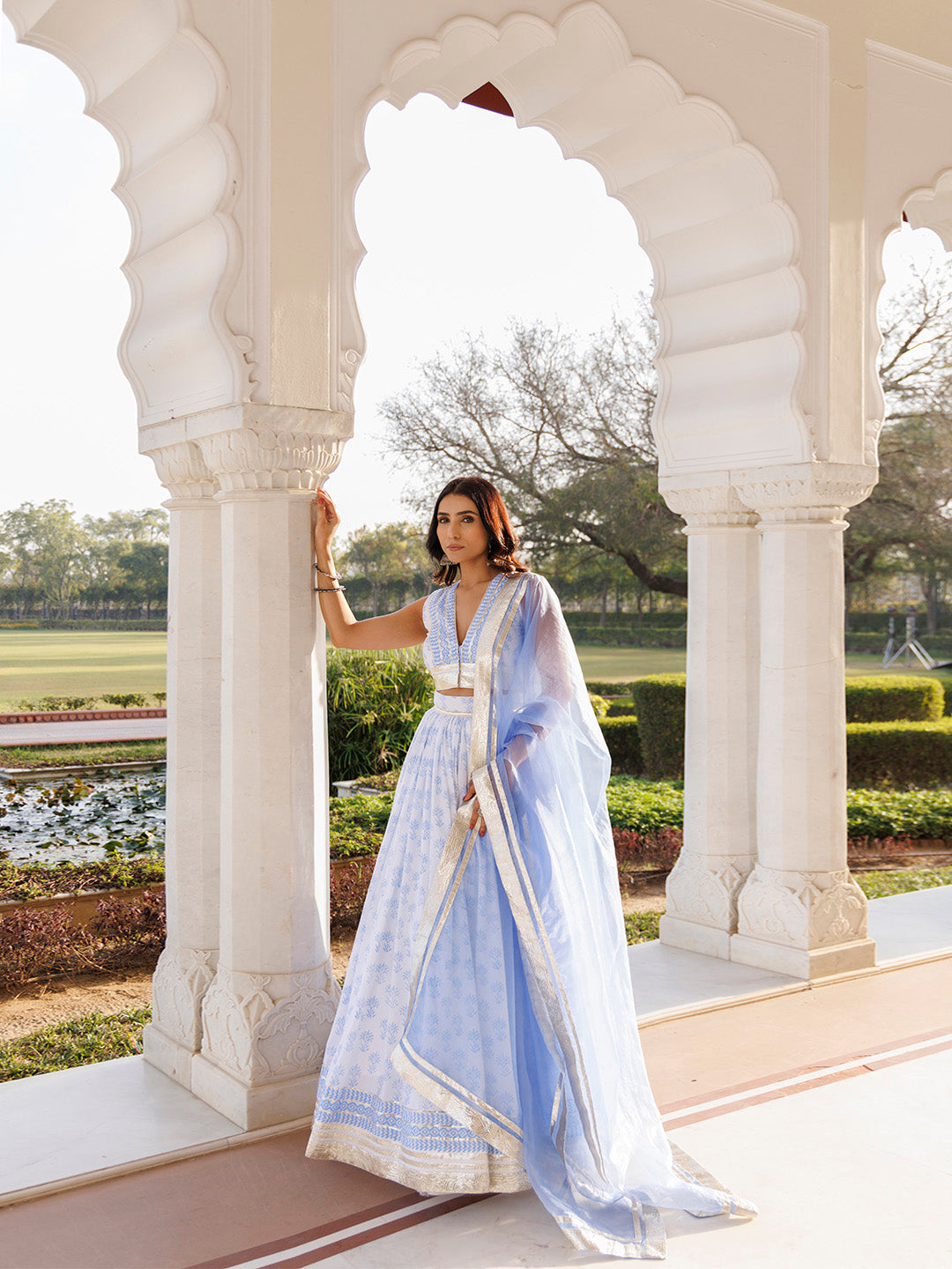 Angel Falls Blue and White Handblock Printed Lehenga Set