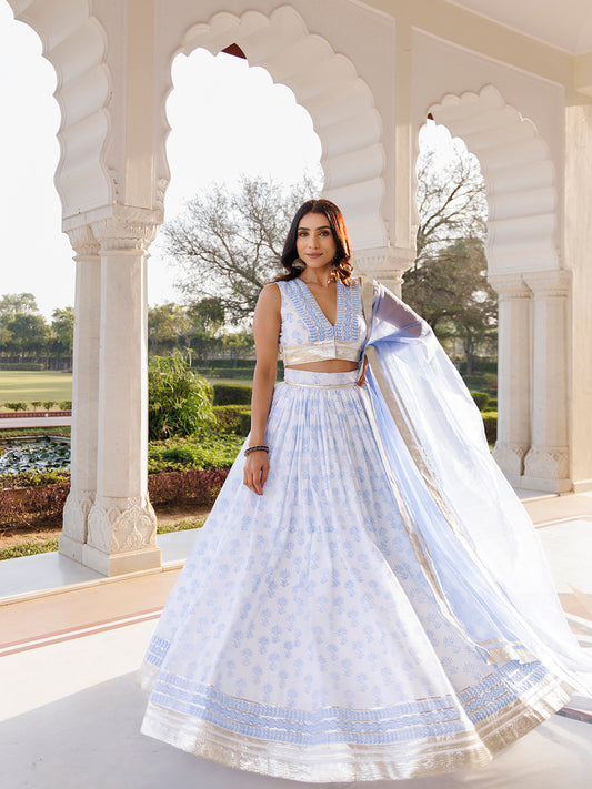 Angel Falls Blue and White Handblock Printed Lehenga Set