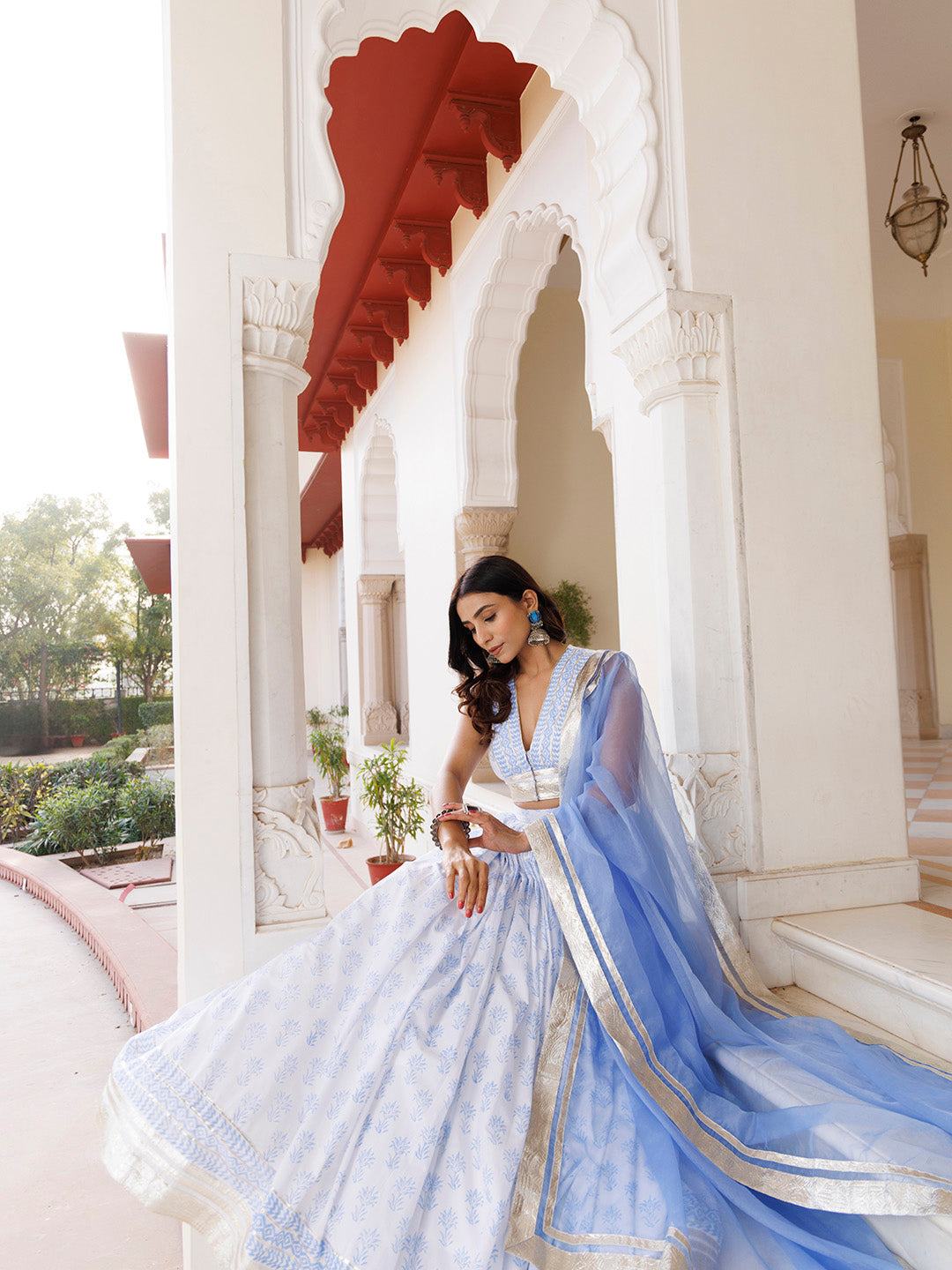 Angel Falls Blue and White Handblock Printed Lehenga Set