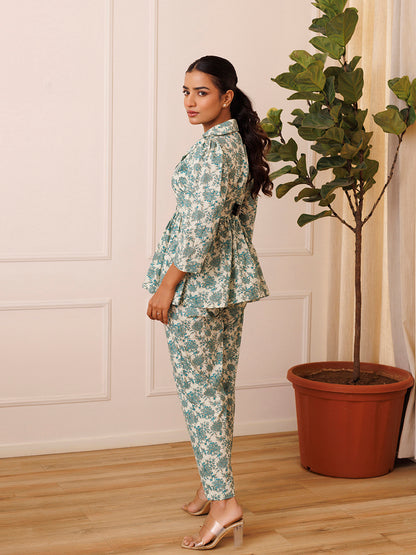 Bear Grass Aqua Blue Cotton Printed Co- Ord Set